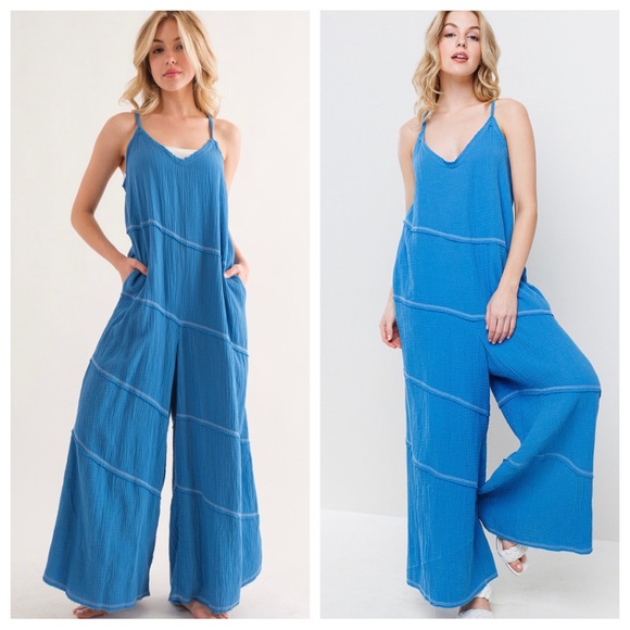 72 Boho Spaghetti Straps Contrast Stitch Jumpsuit - Picture 2 of 4